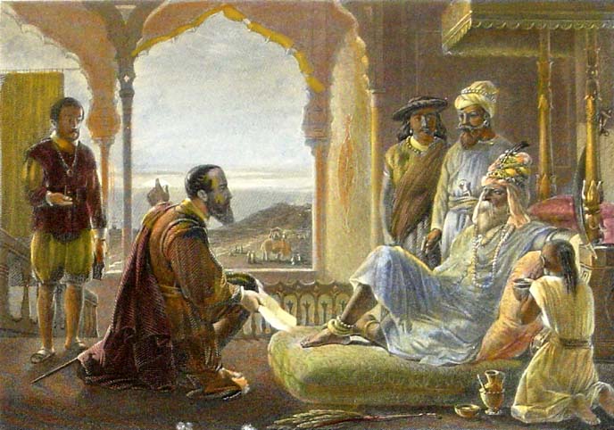 A painting featuring Vasco Da Gama in the court of Calicut Zamorin